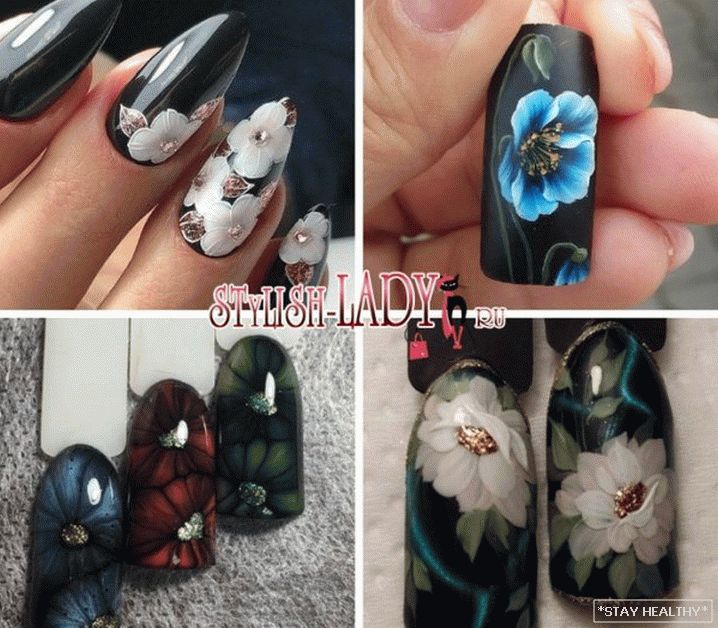 черный маникюр с цветами фото
