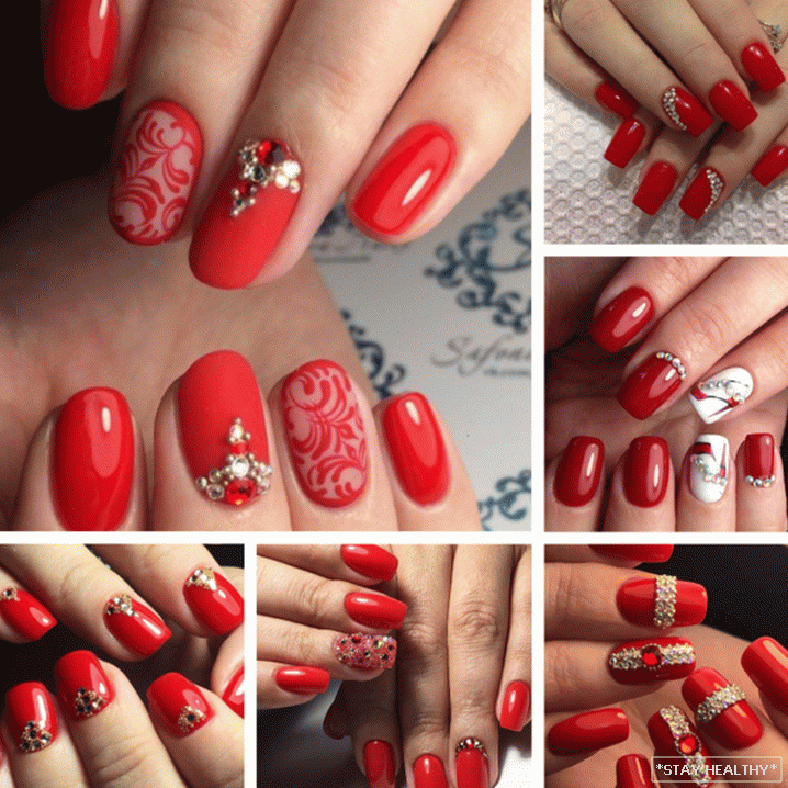 красный маникюр со стразами фото