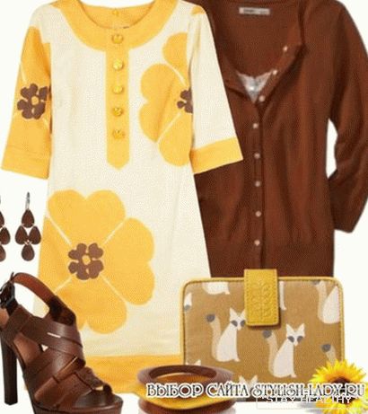 С чем носить желтое платье, коричневый + желтый, фото